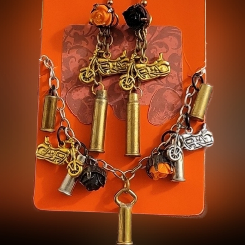 Vtg Silver black orange roses 22 bullet casing motorcycle charms jewelry set NWT